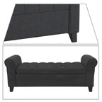 Banc de rangement capitonné beige/bleu clair/gris avec couvercle à charnière et accoudoirs roulés, pour 1 à 2 personnes