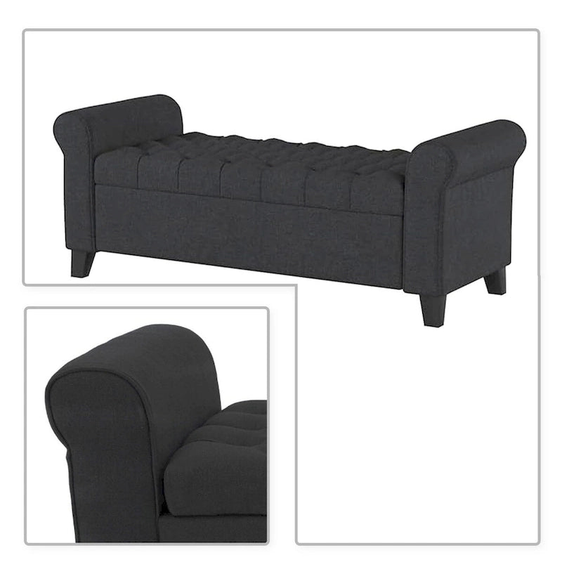 Banc de rangement capitonné beige/bleu clair/gris avec couvercle à charnière et accoudoirs roulés, pour 1 à 2 personnes