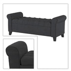 Banc de rangement capitonné beige/bleu clair/gris avec couvercle à charnière et accoudoirs roulés, pour 1 à 2 personnes