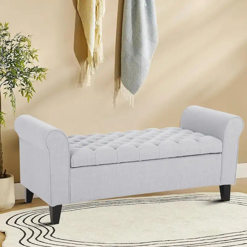 Banc de rangement capitonné beige/bleu clair/gris avec couvercle à charnière et accoudoirs roulés, pour 1 à 2 personnes