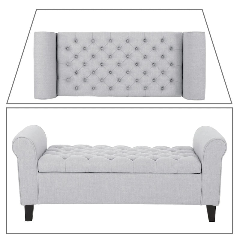 Banc de rangement capitonné beige/bleu clair/gris avec couvercle à charnière et accoudoirs roulés, pour 1 à 2 personnes
