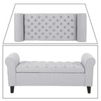 Banc de rangement capitonné beige/bleu clair/gris avec couvercle à charnière et accoudoirs roulés, pour 1 à 2 personnes