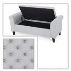 Banc de rangement capitonné beige/bleu clair/gris avec couvercle à charnière et accoudoirs roulés, pour 1 à 2 personnes