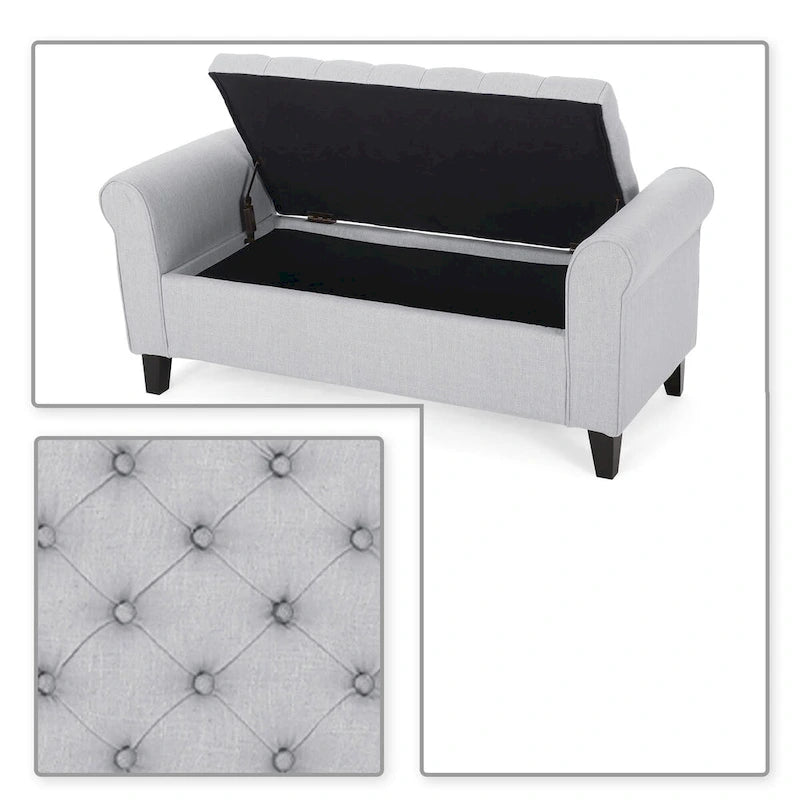 Banc de rangement capitonné beige/bleu clair/gris avec couvercle à charnière et accoudoirs roulés, pour 1 à 2 personnes