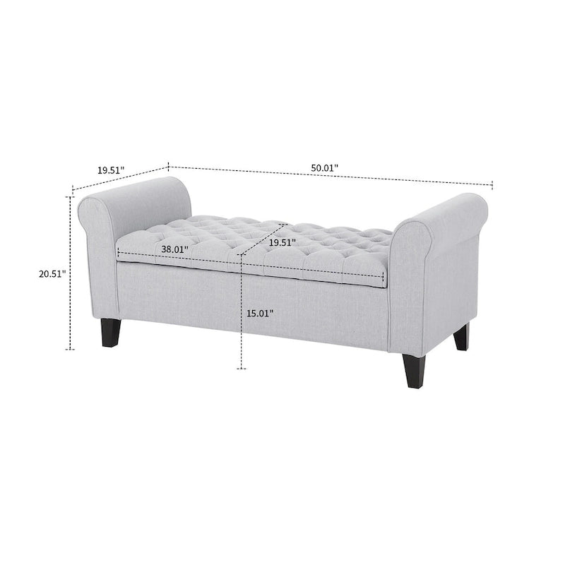 Banc de rangement capitonné beige/bleu clair/gris avec couvercle à charnière et accoudoirs roulés, pour 1 à 2 personnes