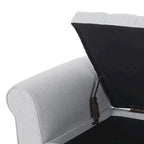 Banc de rangement capitonné beige/bleu clair/gris avec couvercle à charnière et accoudoirs roulés, pour 1 à 2 personnes