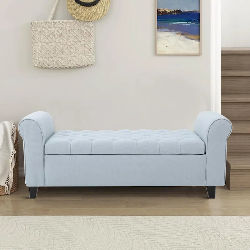 Banc de rangement capitonné beige/bleu clair/gris avec couvercle à charnière et accoudoirs roulés, pour 1 à 2 personnes