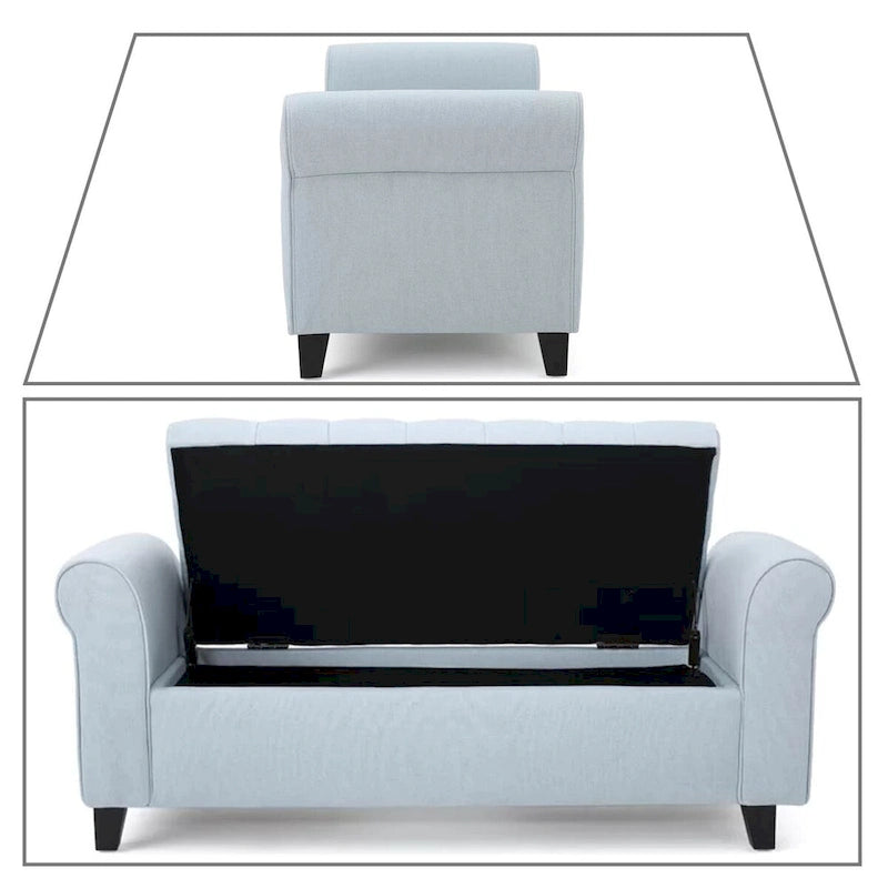 Banc de rangement capitonné beige/bleu clair/gris avec couvercle à charnière et accoudoirs roulés, pour 1 à 2 personnes