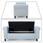 Banc de rangement capitonné beige/bleu clair/gris avec couvercle à charnière et accoudoirs roulés, pour 1 à 2 personnes