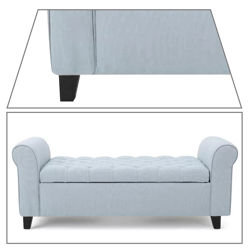 Banc de rangement capitonné beige/bleu clair/gris avec couvercle à charnière et accoudoirs roulés, pour 1 à 2 personnes