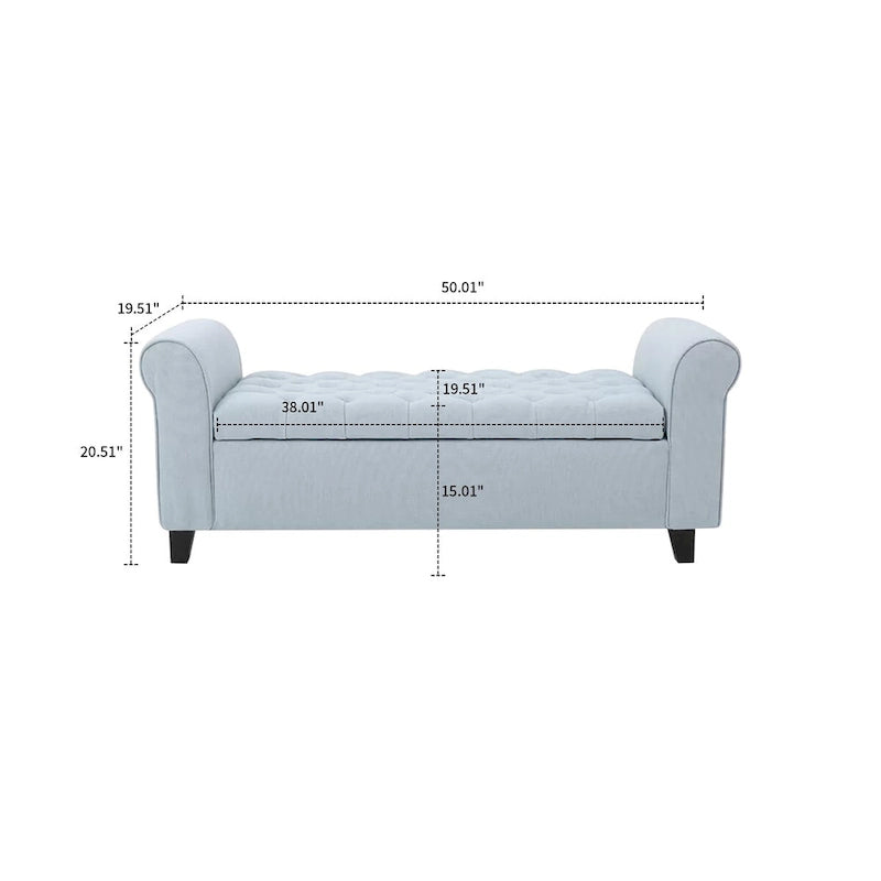Banc de rangement capitonné beige/bleu clair/gris avec couvercle à charnière et accoudoirs roulés, pour 1 à 2 personnes