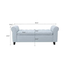 Banc de rangement capitonné beige/bleu clair/gris avec couvercle à charnière et accoudoirs roulés, pour 1 à 2 personnes