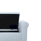 Banc de rangement capitonné beige/bleu clair/gris avec couvercle à charnière et accoudoirs roulés, pour 1 à 2 personnes