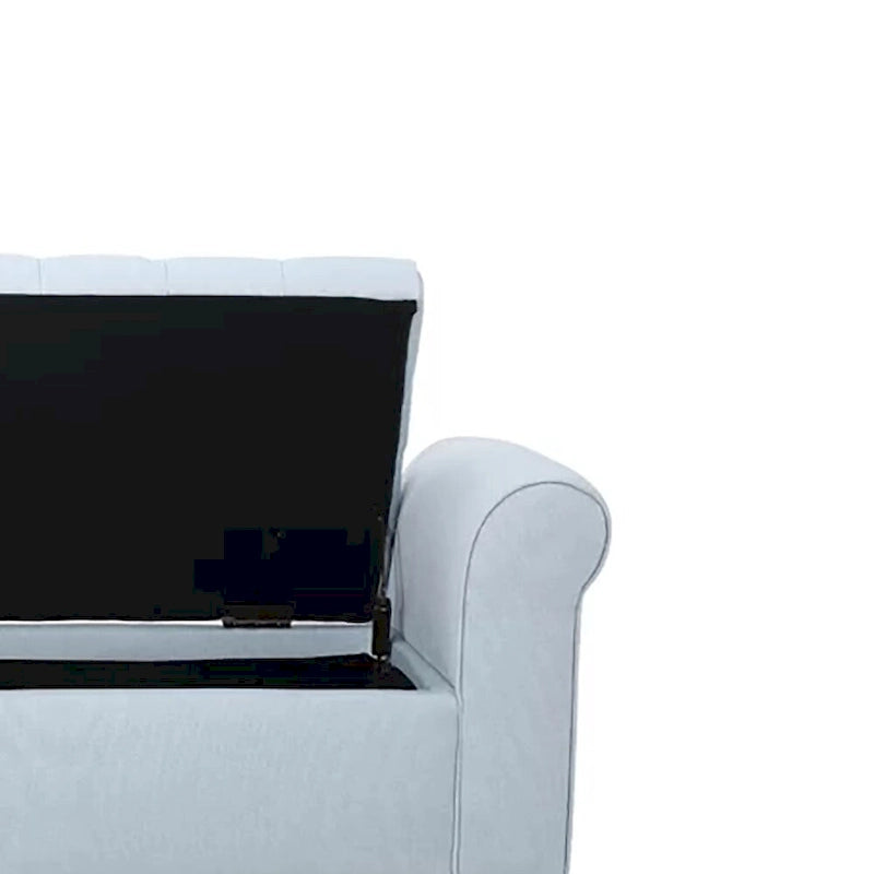 Banc de rangement capitonné beige/bleu clair/gris avec couvercle à charnière et accoudoirs roulés, pour 1 à 2 personnes