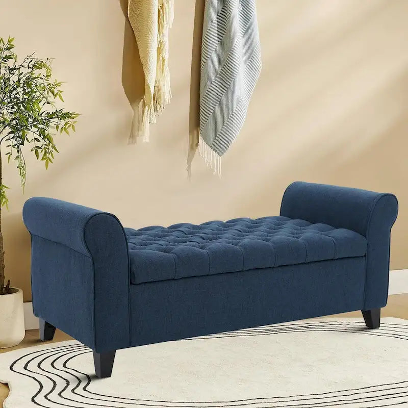 Banc de rangement capitonné beige/bleu clair/gris avec couvercle à charnière et accoudoirs roulés, pour 1 à 2 personnes