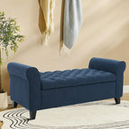 Banc de rangement capitonné beige/bleu clair/gris avec couvercle à charnière et accoudoirs roulés, pour 1 à 2 personnes