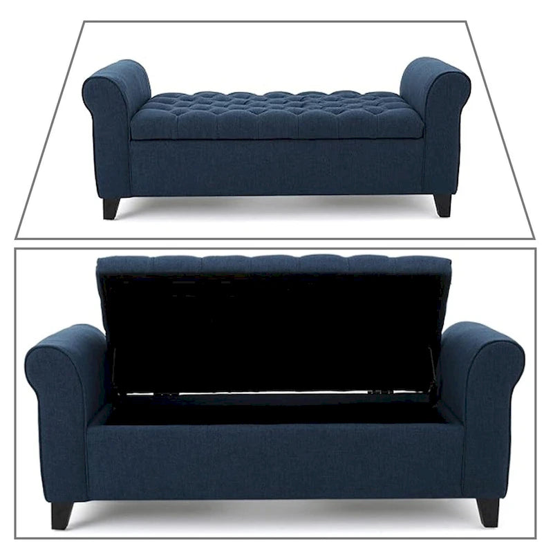 Banc de rangement capitonné beige/bleu clair/gris avec couvercle à charnière et accoudoirs roulés, pour 1 à 2 personnes