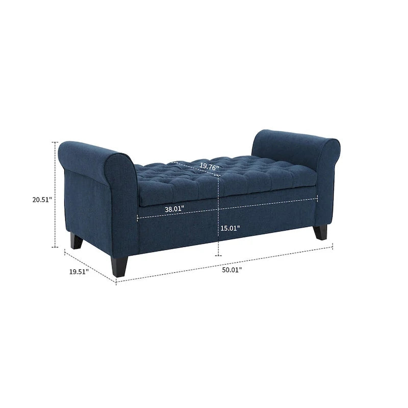 Banc de rangement capitonné beige/bleu clair/gris avec couvercle à charnière et accoudoirs roulés, pour 1 à 2 personnes