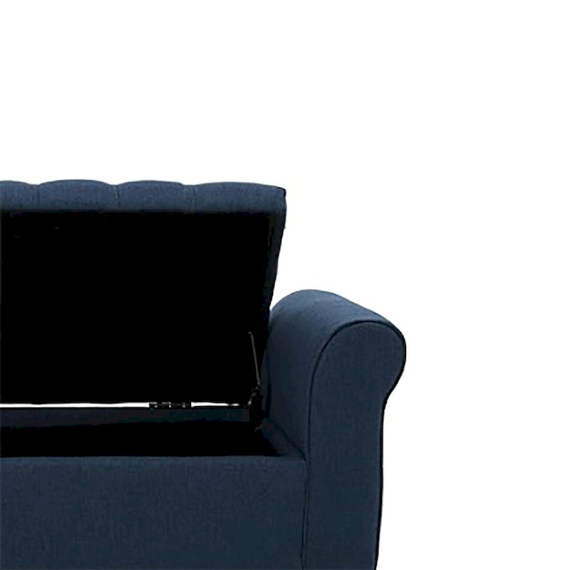 Banc de rangement capitonné beige/bleu clair/gris avec couvercle à charnière et accoudoirs roulés, pour 1 à 2 personnes