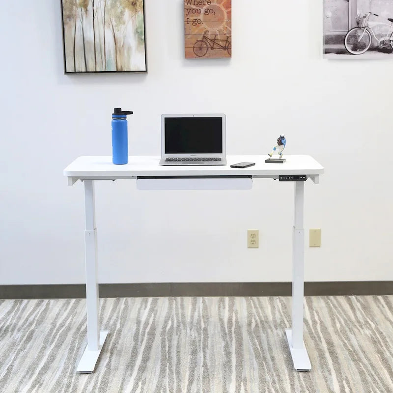 Bureau debout électrique réglable en hauteur 1 personne 122 cm avec tiroir et port USB, Blanc / Graphite / Noyer / Noir