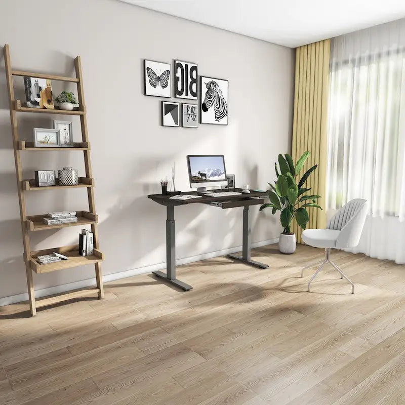 Bureau debout électrique réglable en hauteur 1 personne 122 cm avec tiroir et port USB, Blanc / Graphite / Noyer / Noir