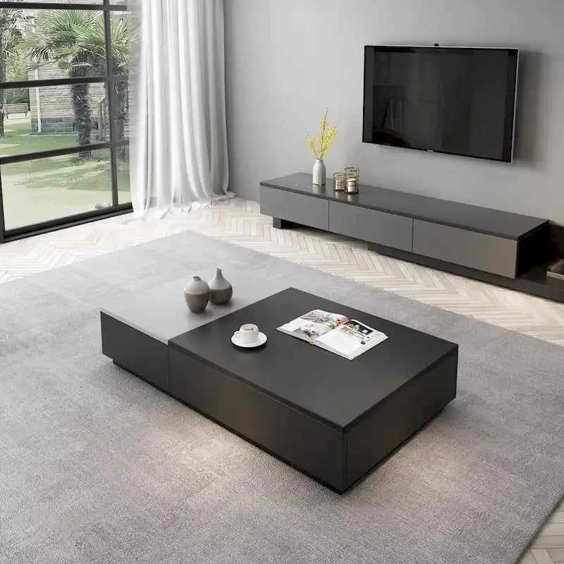 Table basse relevable noire et grise avec rangement dissimulé et 3 tiroirs