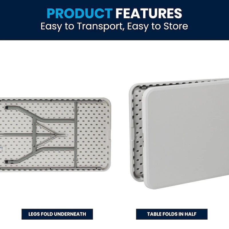 Table pliante en plastique blanc granit de 2,4 m avec poignée de transport, pour jusqu'à 10 personnes