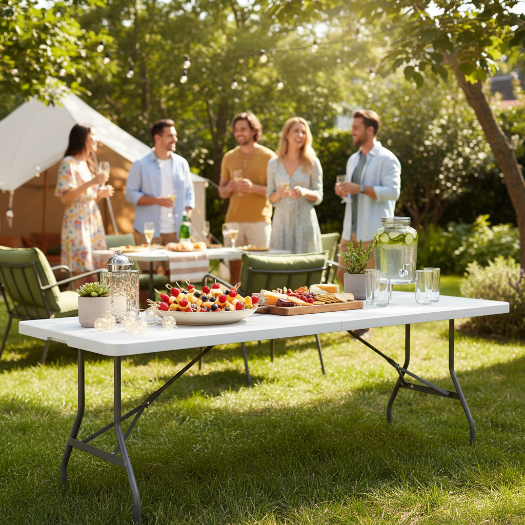 Table pliante en plastique blanc granit de 2,4 m avec poignée de transport, pour jusqu'à 10 personnes