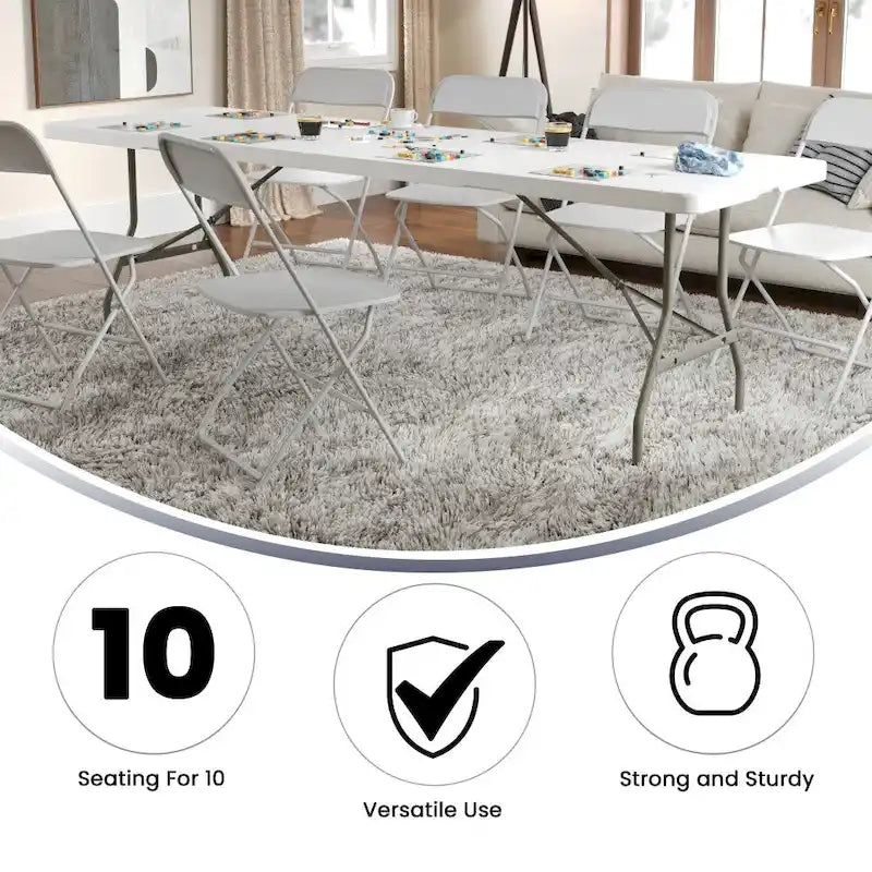 Table pliante en plastique blanc granit de 2,4 m avec poignée de transport, pour jusqu'à 10 personnes